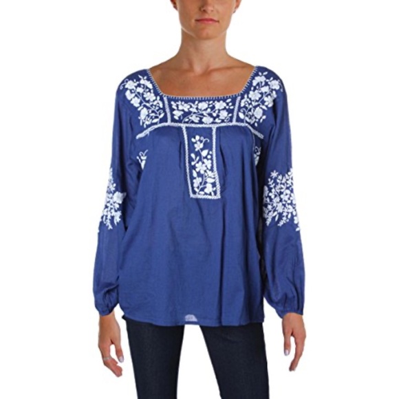 Roberta Roller Rabbit Embroidered Square Neck Peasant Blouse Blue‎ XS - Picture 1 of 9